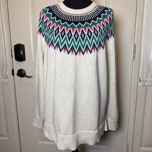 Old Navy Women’s Eggshell w/ Navy Pink Crew Neck Fair Isle Winter Sweater Sz XL